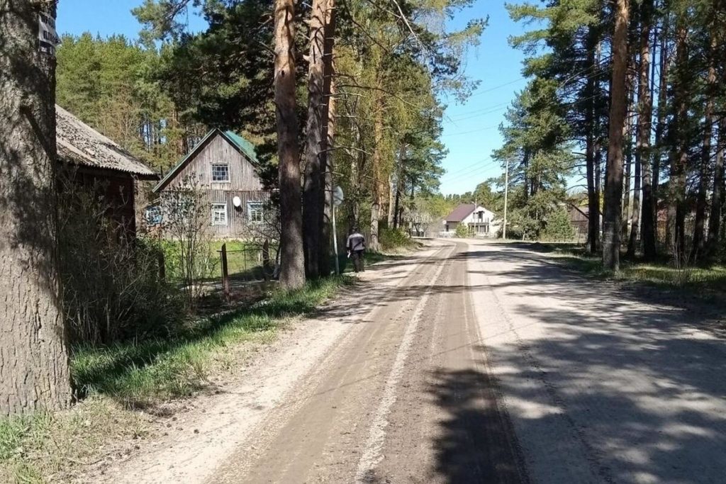 Дорога в поселке, редкие прохожие, все друг друга знают.